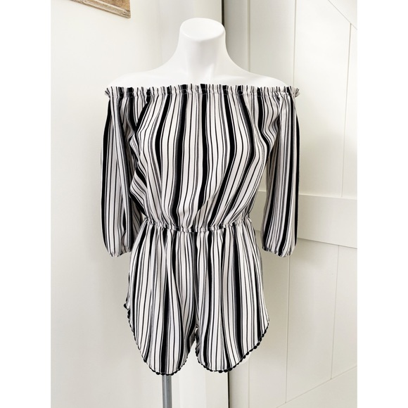 essue Pants - ESSUE Black White Striped Off Shoulder Romper